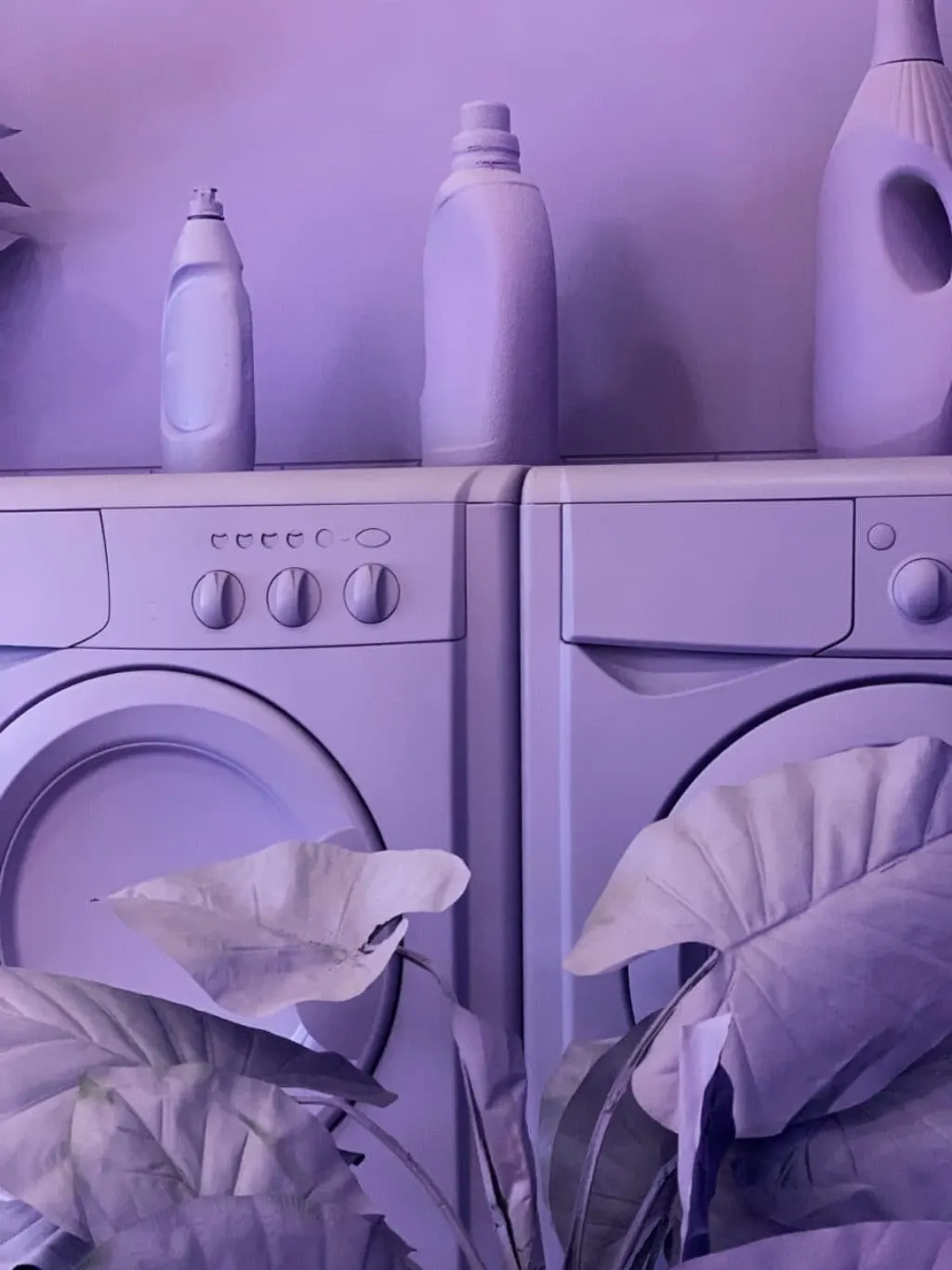 Purple laundry room. Washing mice, detergents all in one color
